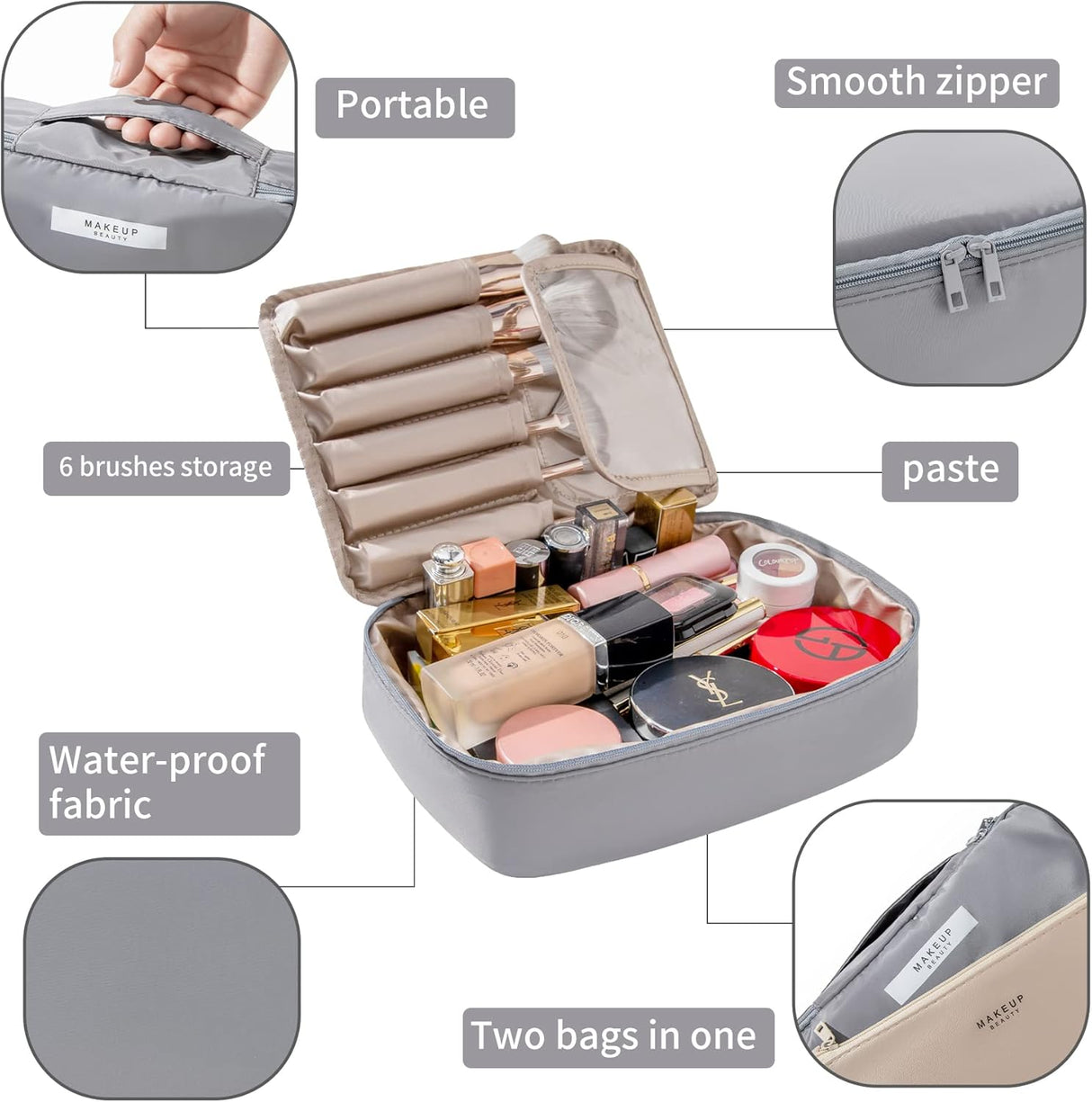 porta cosmeticos para viajes color gris