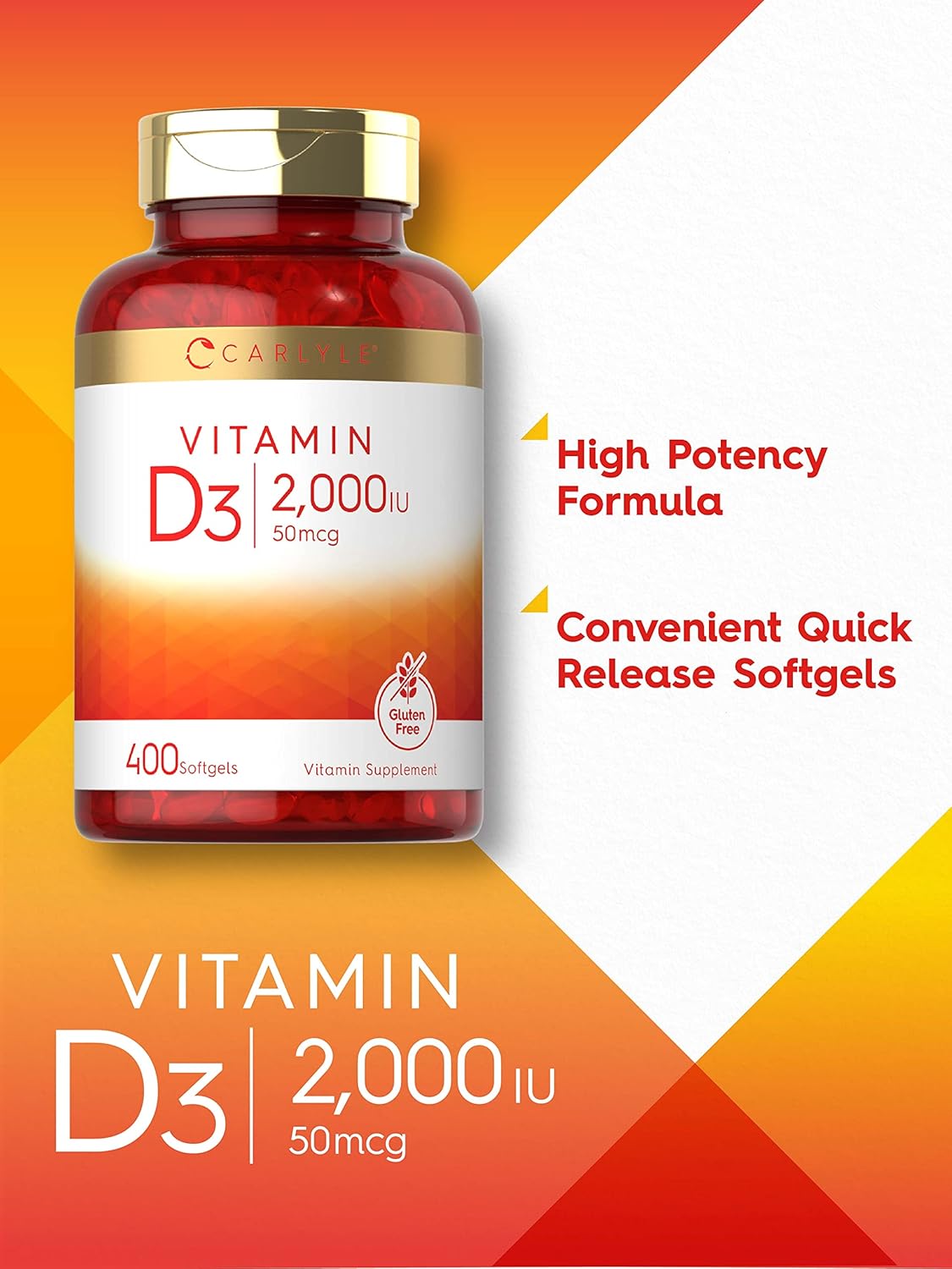 Suplemento de Vitamina D3 2000IU Carlyle 400 Softgels Non-GMO