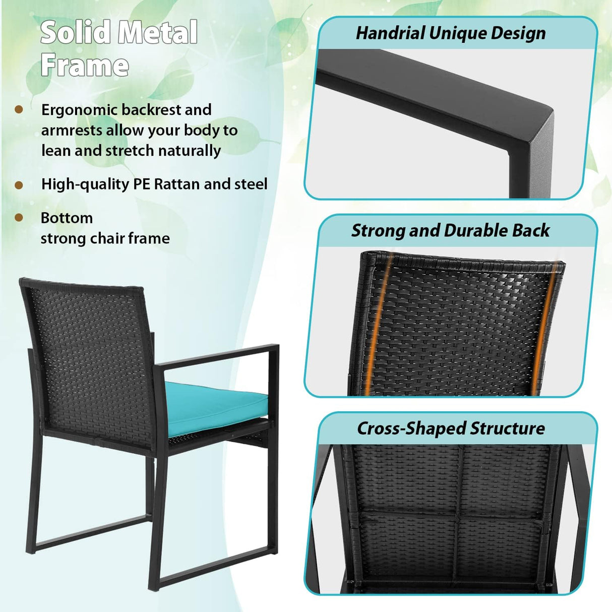 FDW Juego de 3 piezas de muebles de patio para exteriores, sillas de mimbre para patio, muebles de ratán para exteriores, patio, porche, piscina, césped, cojín azul