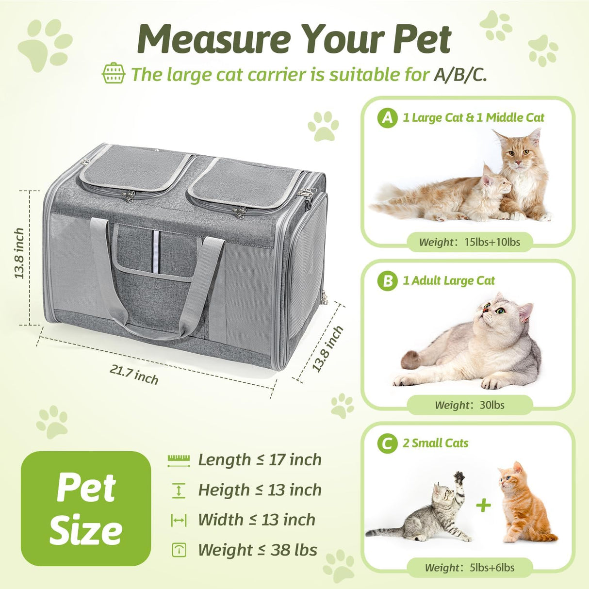 Transportadora Sedioso para 2 Gatos, Ventilación, 38lbs, 21.7in