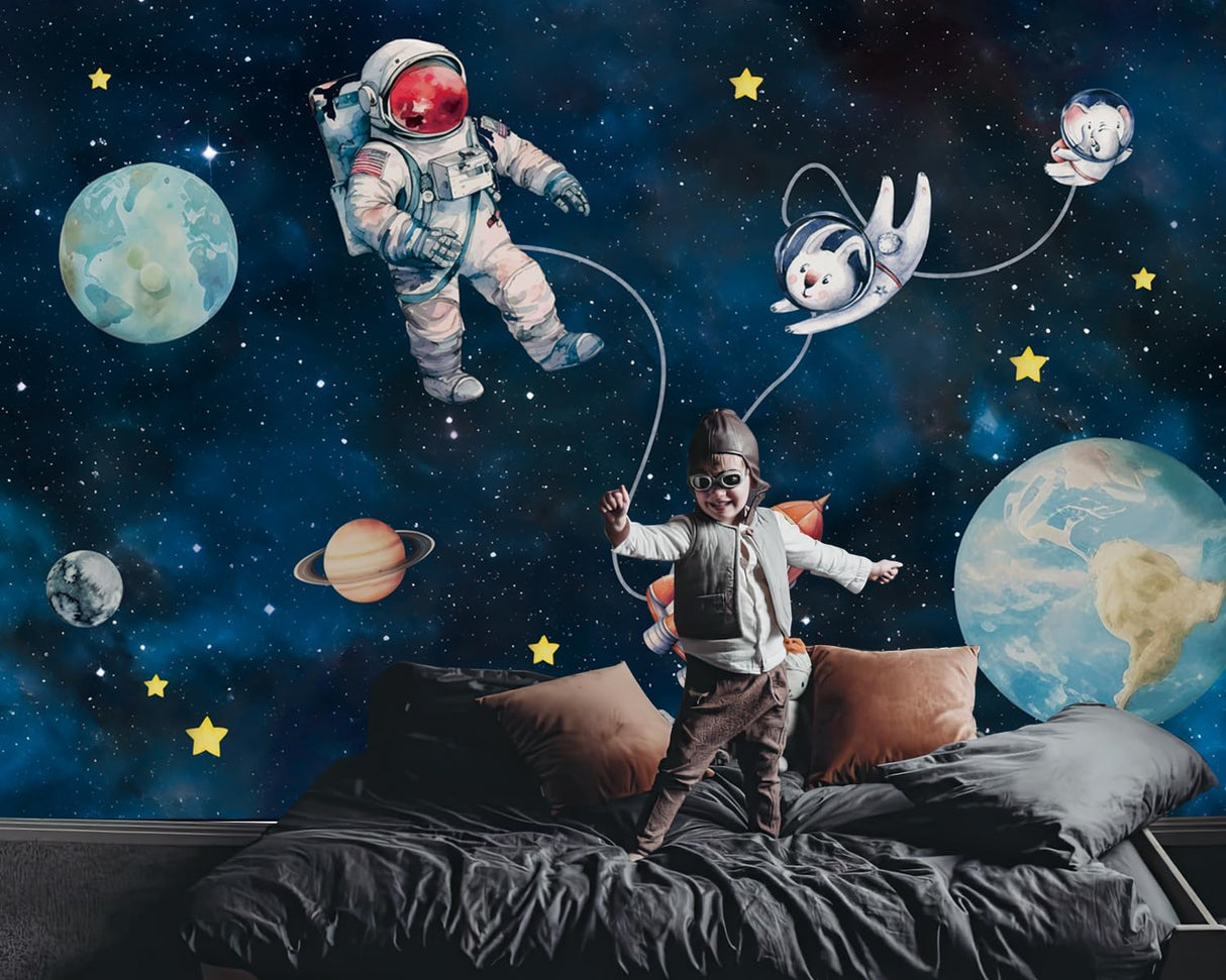 Mural infantil FWIEXA cohete conejo espacio 141x96 (no pegajoso)