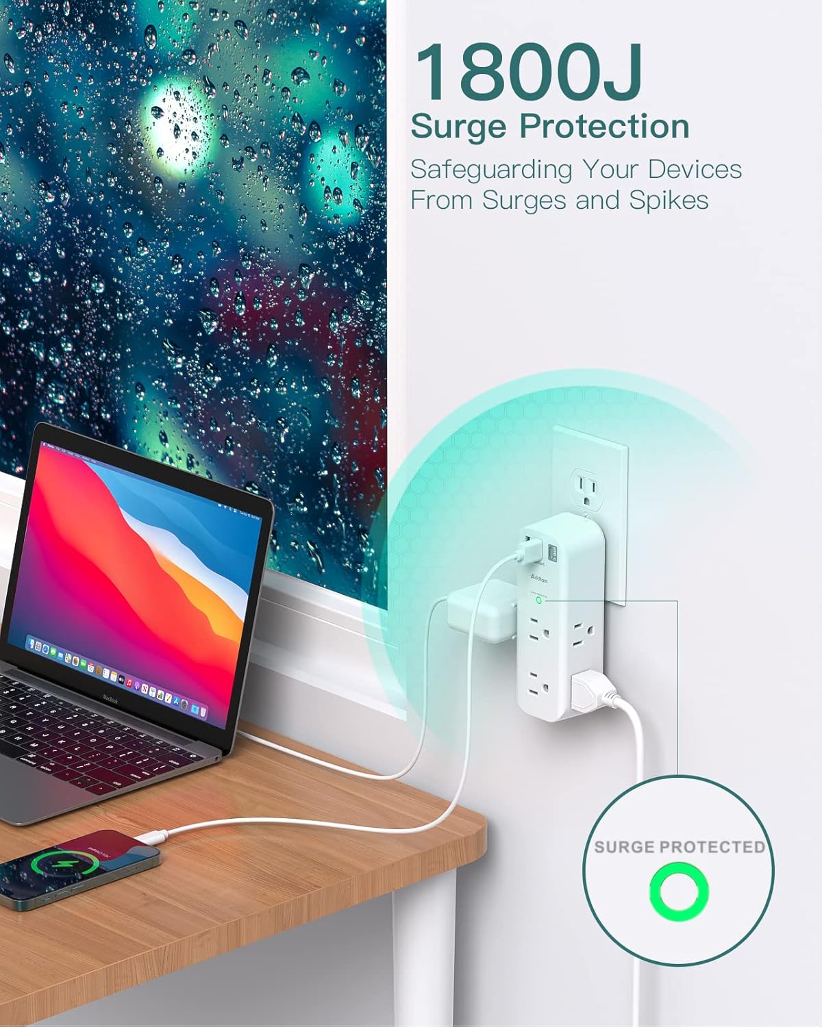 Protector de sobretensiones – Extensor de salida con enchufe giratorio y múltiple con 6 puertos USB de CA, 3 puertos USB (1 USB C), regleta de alimentación de 3 lados con cargador adaptador de pared