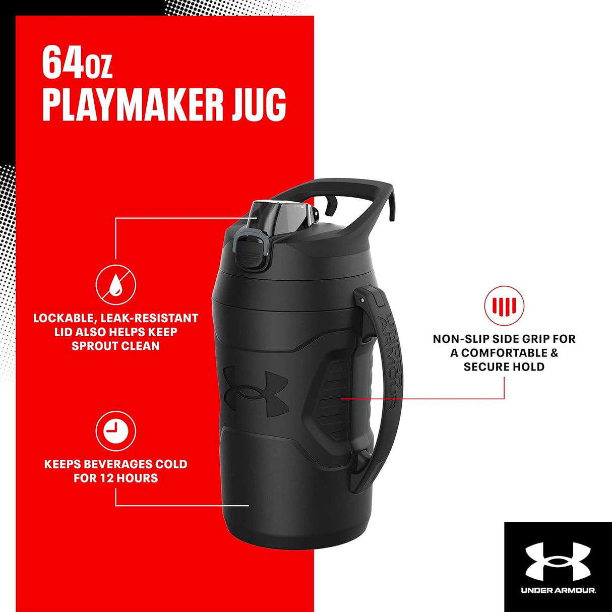 Under Armour, Playmaker Jug - Botella deportiva de agua con asa, aislamiento de espuma y resistente a fugas, 64 onzas y 32 onzas