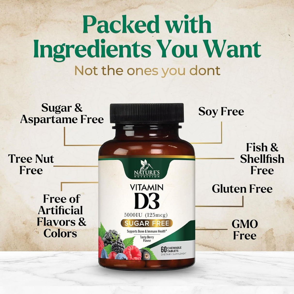 Suplemento de Vitamina D3 5000 IU, Nature's, 60 Tabletas Chewable