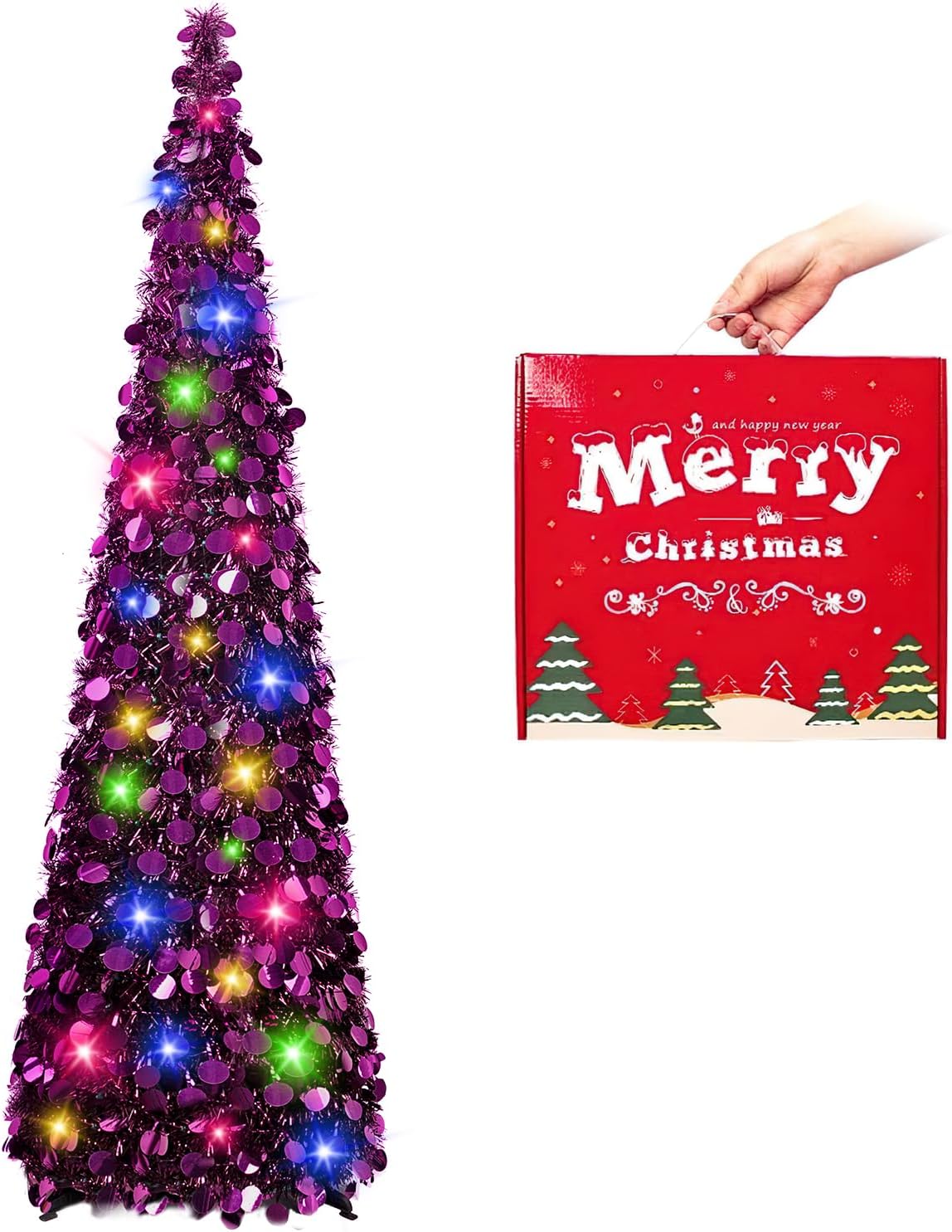 Árbol de Navidad MACTING 5FT Plegable con Luces y Brillo