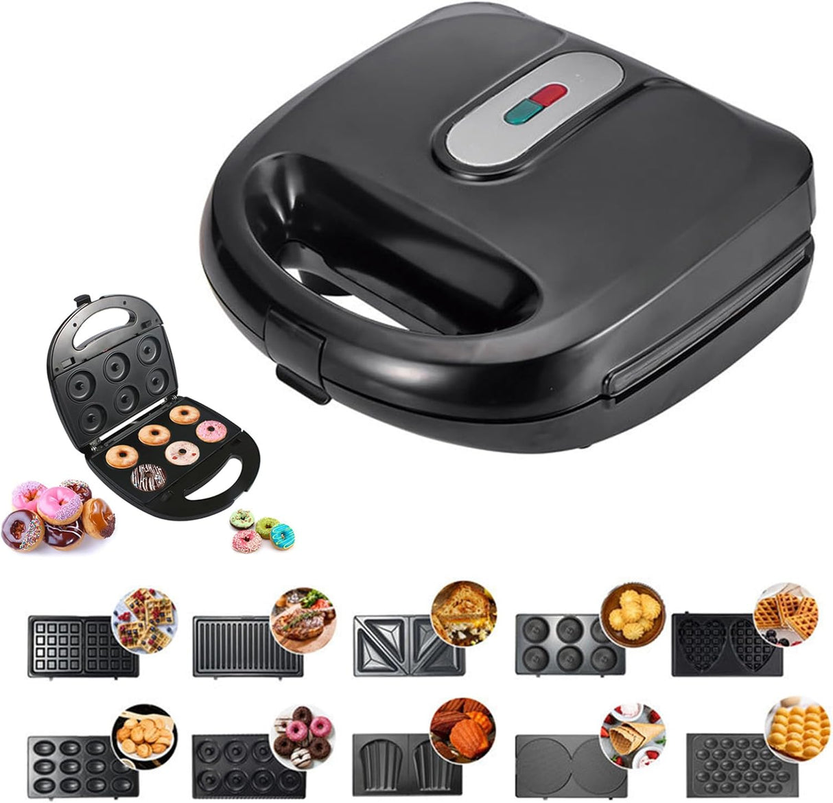 Waffle Maker 10 en 1, 750W, Placas Removibles, Compacto