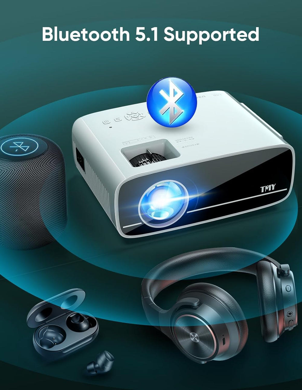Proyector TMY 1080P nativo, WiFi 5G, Bluetooth 5.1, portátil