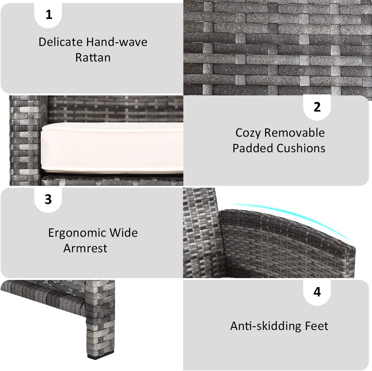 Goplus Juego de muebles de ratán para patio, 4 piezas, sofá y mesa de mimbre para exteriores con cojines suaves y mesa de centro de vidrio templado para balcón, jardín, patio trasero (beige (mimbre de color mixto))