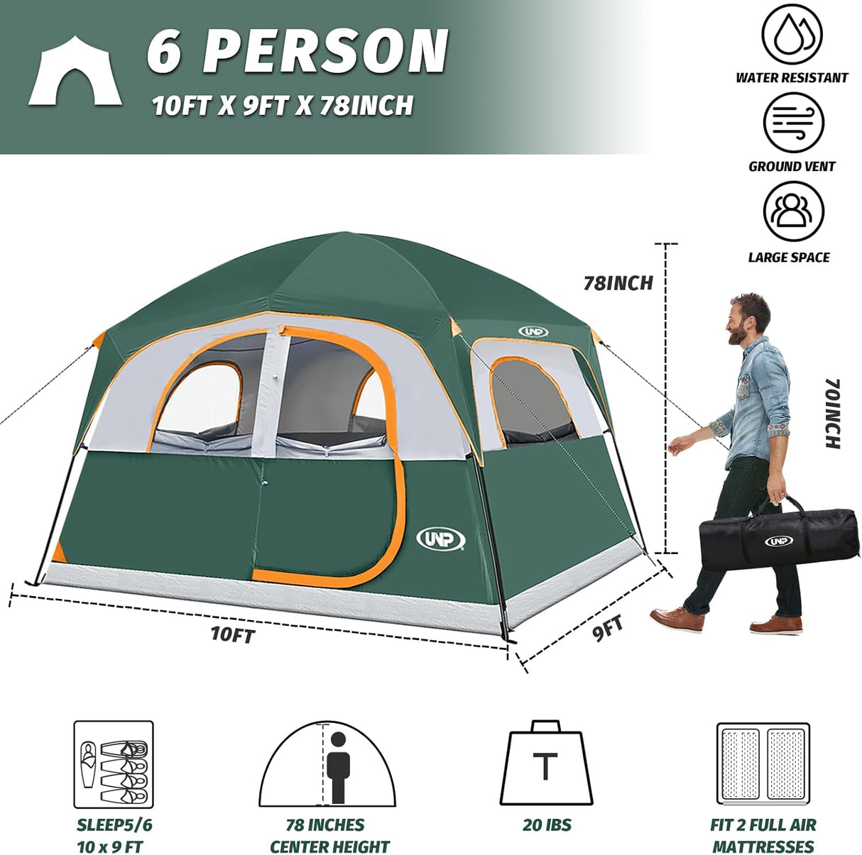 Tienda UNP Carpa 6 Personas Impermeable Fácil Montaje Modelo 10'X9