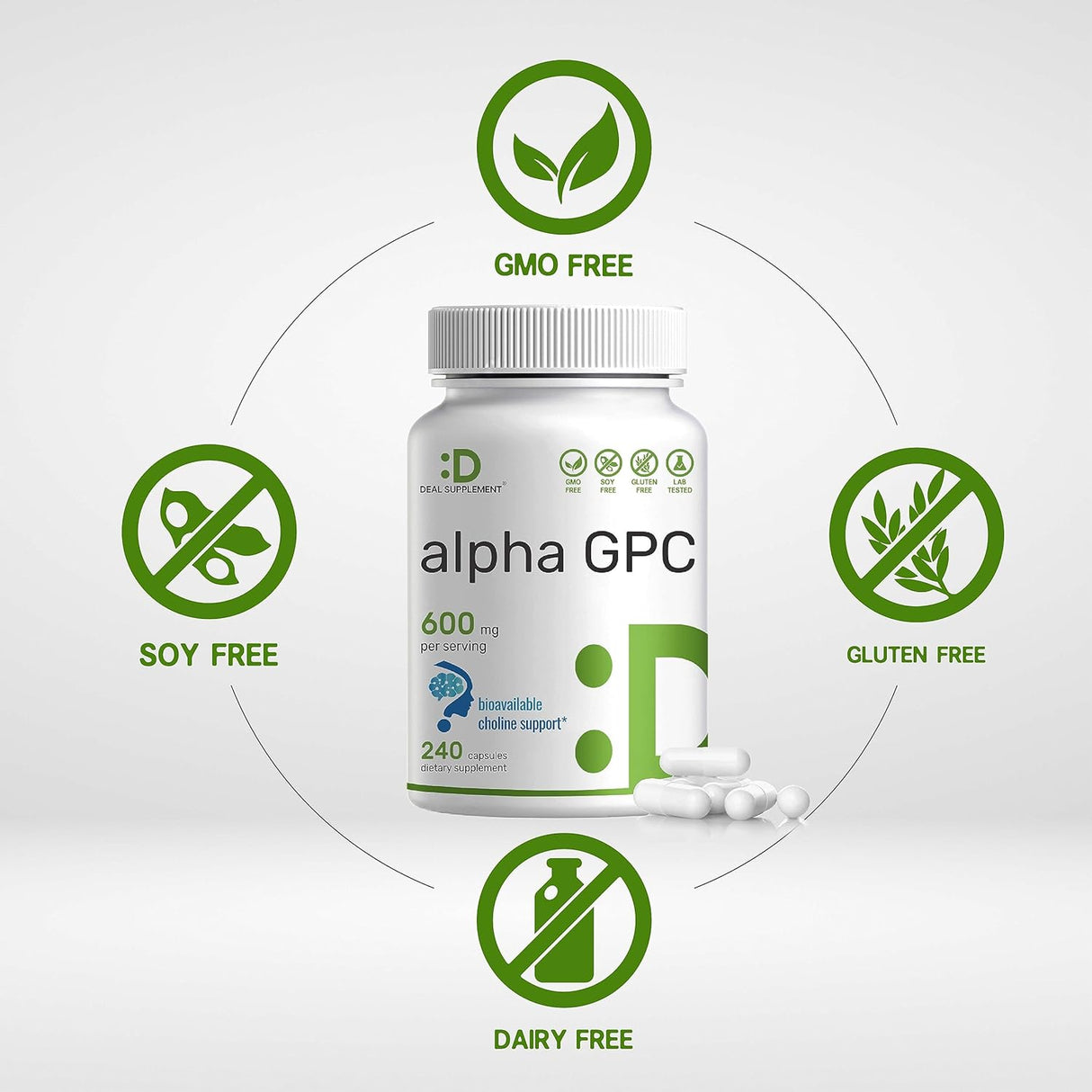 Suplemento Alpha GPC 600mg, Salud Cerebral, Sin OGM, Sin Gluten