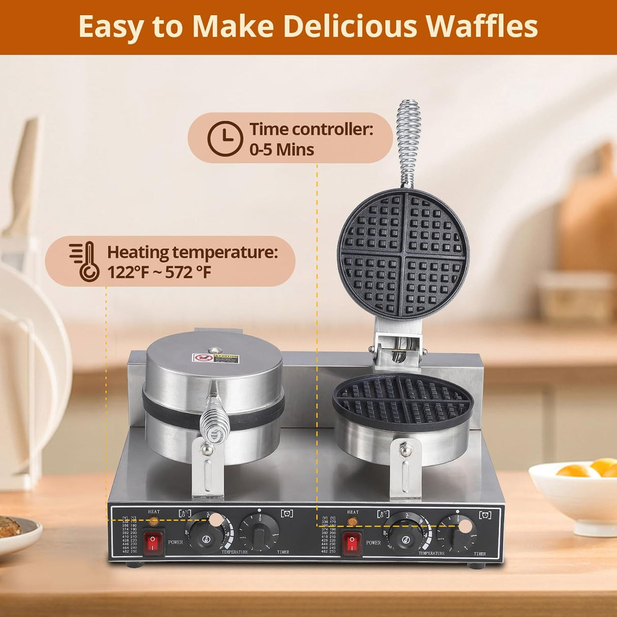 Máquina Waffle Doble Cabeza 110V 2600W Acero Inoxidable