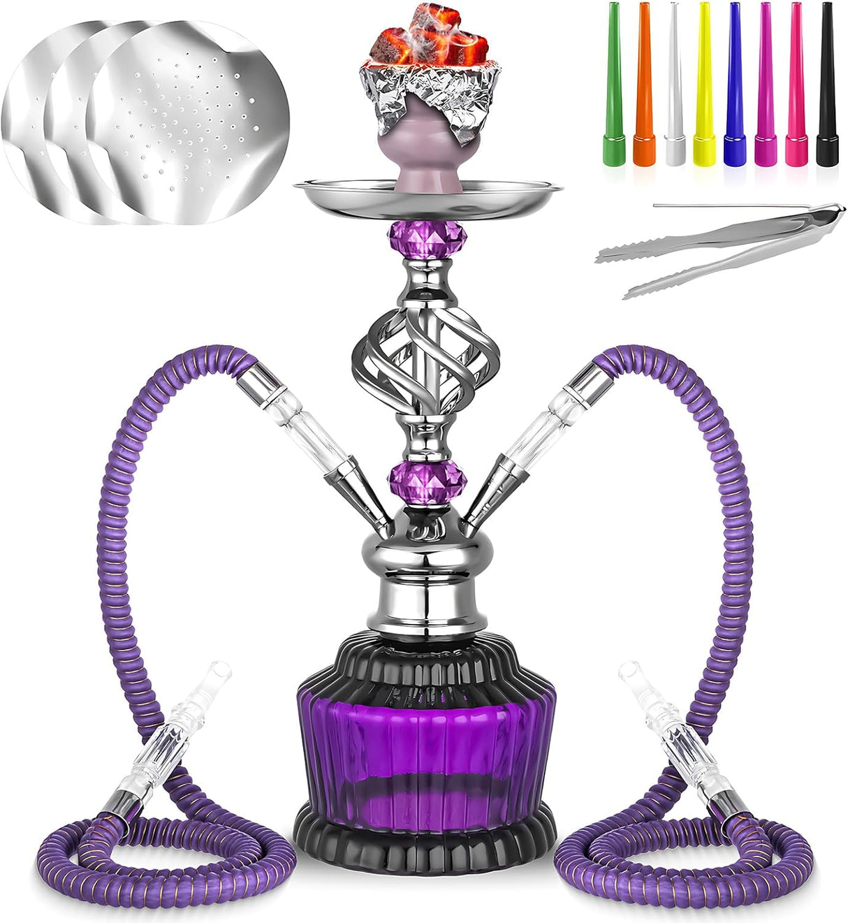 Set de Hookah 2 Mangueras 15'' con Base de Vidrio y Accesorios