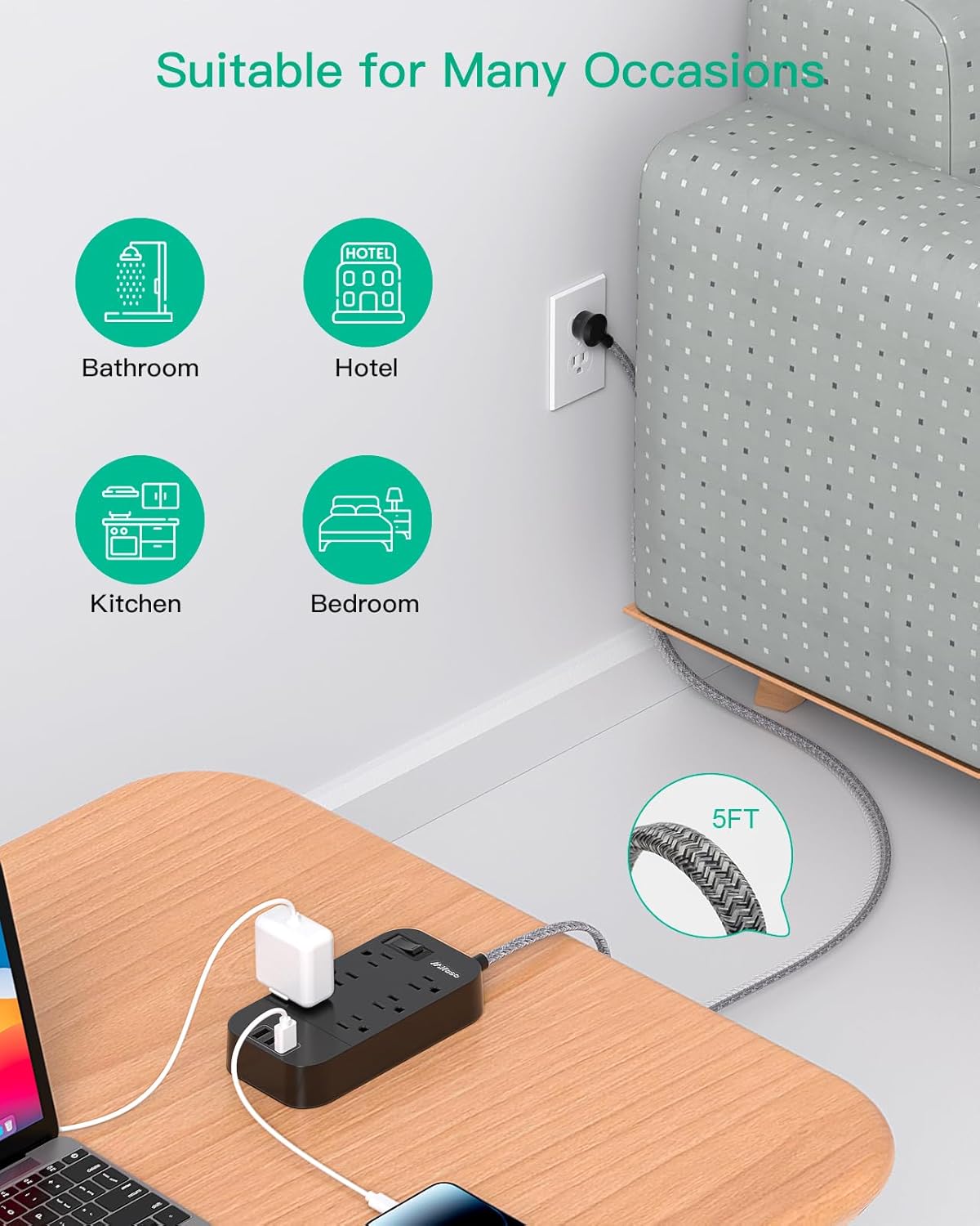 Regleta de alimentación – Cable de extensión de enchufe plano de 10 pies de largo, 6 tomacorrientes, 3 puertos USB, extensor de salida con protección contra sobrecarga, montaje en pared, estación de