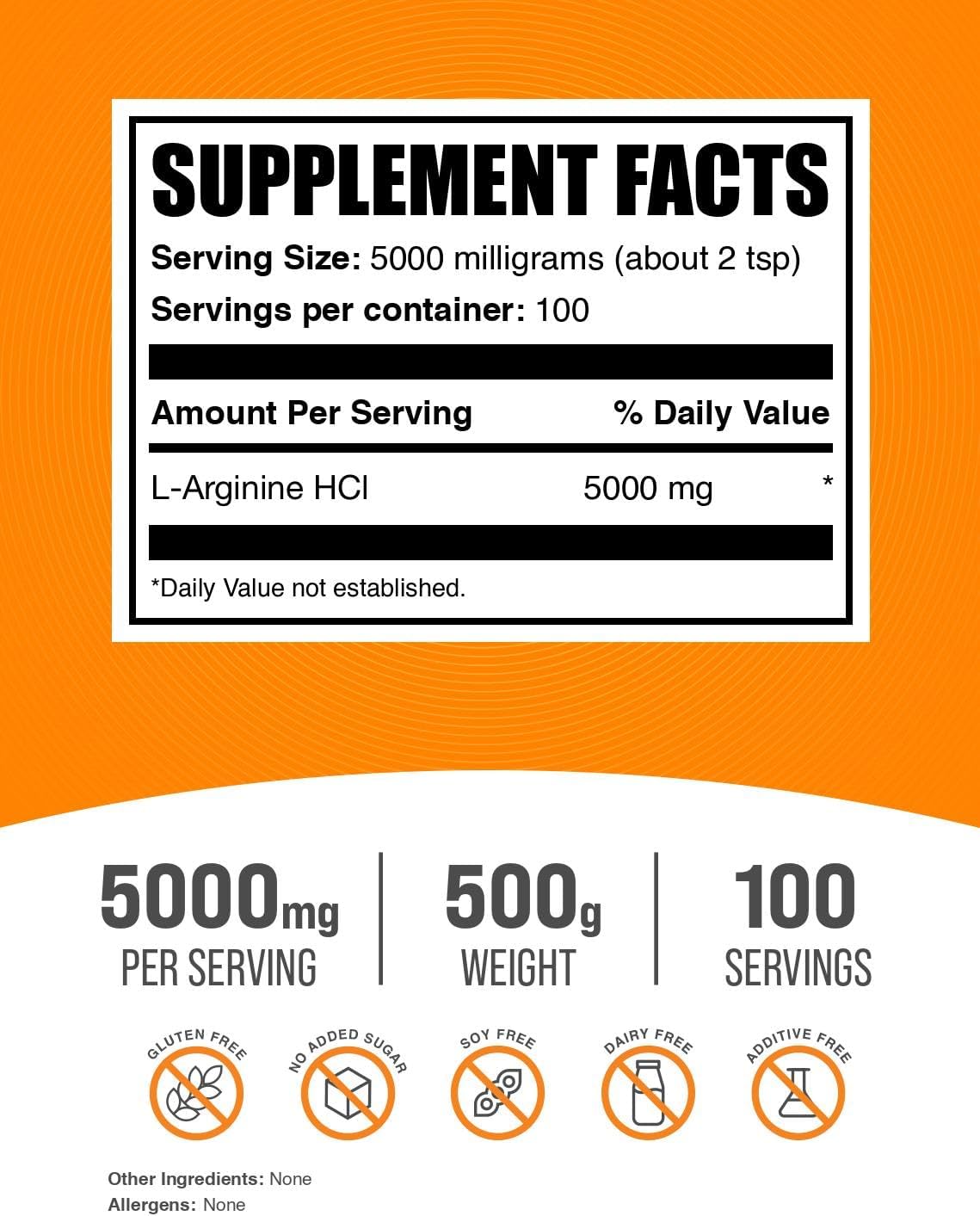 Suplemento L-Arginina HCl BulkSupplements, 5000mg, 500g