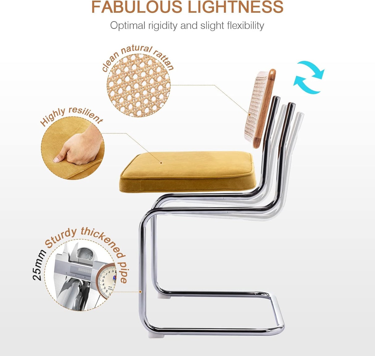 Zesthouse MId Century - Juego de 2 sillas de comedor modernas, sillas decorativas de terciopelo con respaldo de caña natural y base cromada inoxidable, sillas famosas de diseño Breuer, sillas de cocina tapizadas de ratán