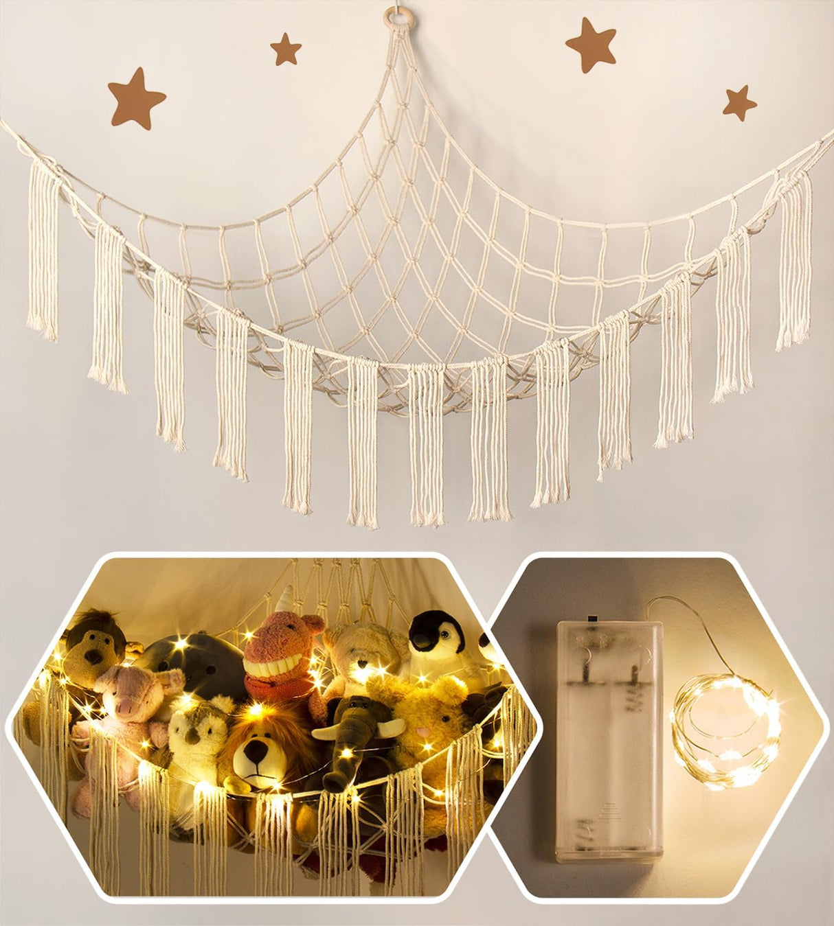 Hamaca para Peluches con Luz LED - Organizador Grande Boho