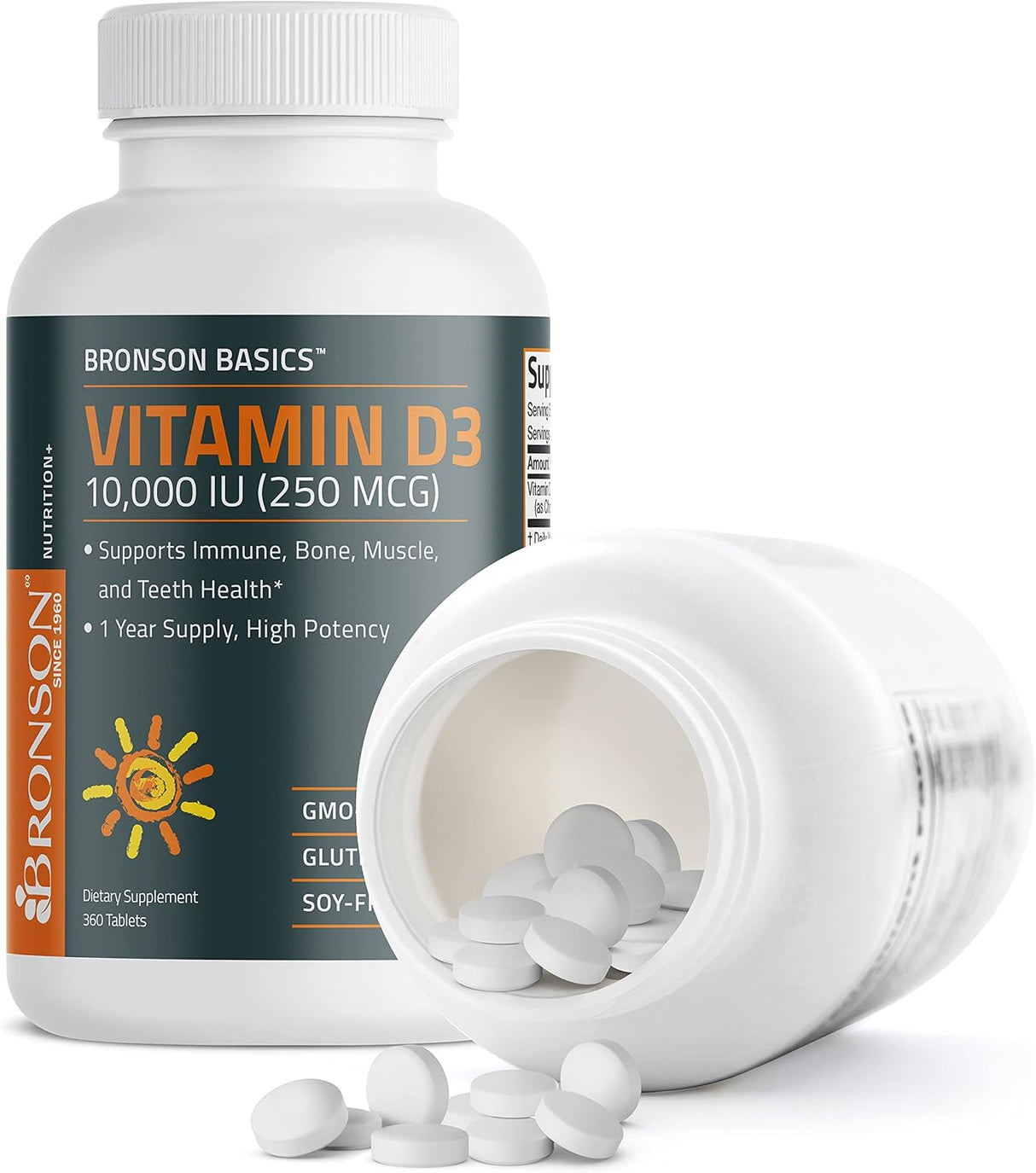 Suplemento de Vitamina D3 10,000 IU Bronson 360 Tabletas Non-GMO