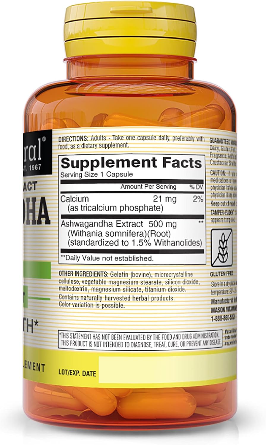 Suplemento Herbal MASON NATURAL, Ashwagandha 500 mg, 60 cápsulas