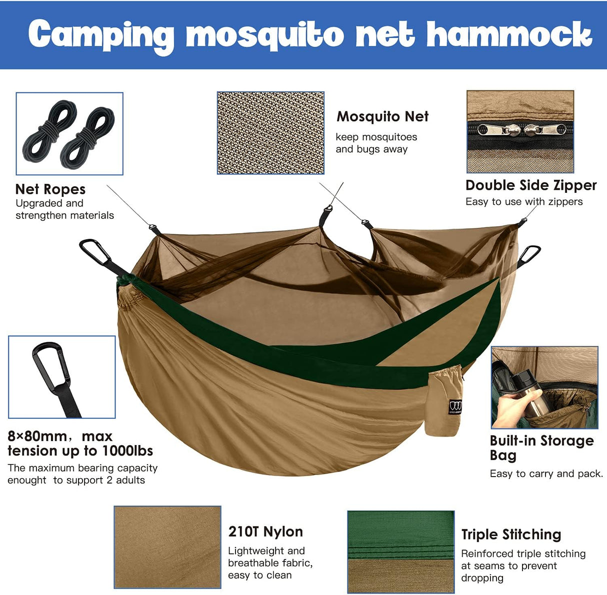 Hamaca Doble con Red Antimosquitos - Gold Armour - Camping Essentials