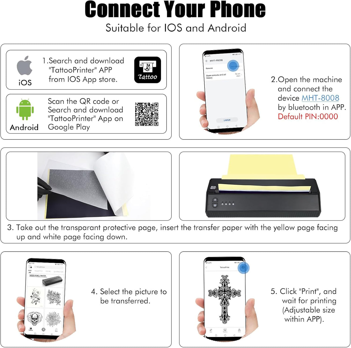 LIUMATE Impresora de tatuajes inalámbrica para tatuajes, impresora térmica Bluetooth, máquina de plantillas de transferencia de tatuajes, copiadora térmica para tatuajes con 10 piezas de papel de