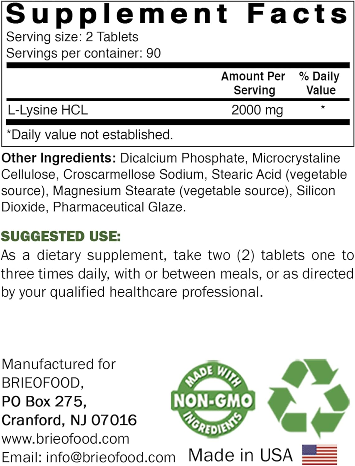 Suplemento Brieofood L-Lisina 2000 mg por porción 180 tab