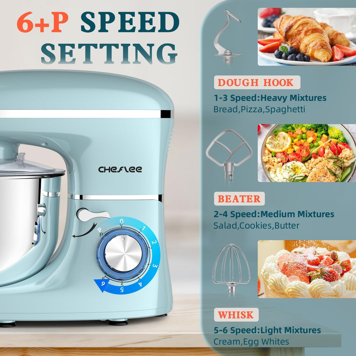 Batidora de pie Cheflee, 600W, 6.5QT, gancho, batidor, modelo 600P