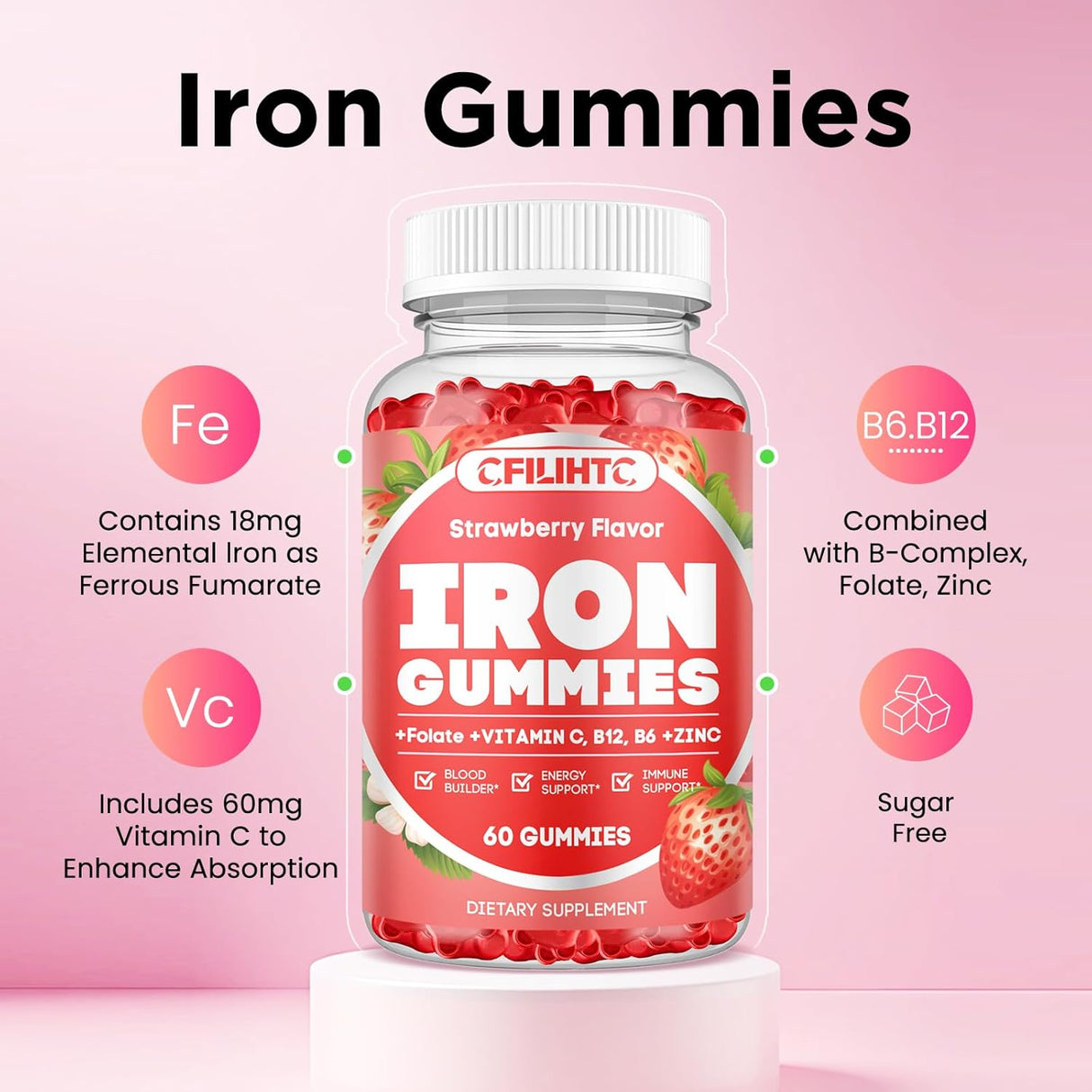 Gummies de Hierro para Mujeres y Hombres - Suplemento Vegano 60ct