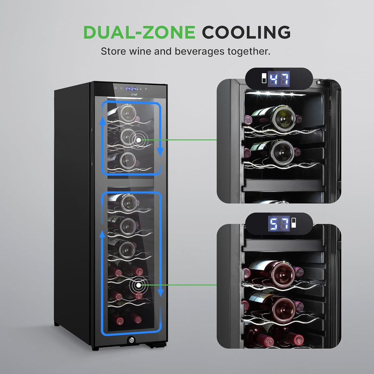 Refrigerador de vino NutriChef PKCWCDS245, doble zona, 24 botellas