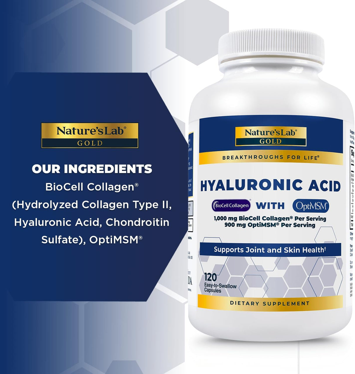 Nature's Lab Ácido hialurónico con colágeno Biocell y MSM