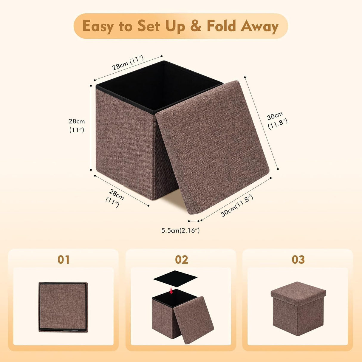Otómano de almacenamiento cuadrado, lino, 11.8"x11.8"x11.8