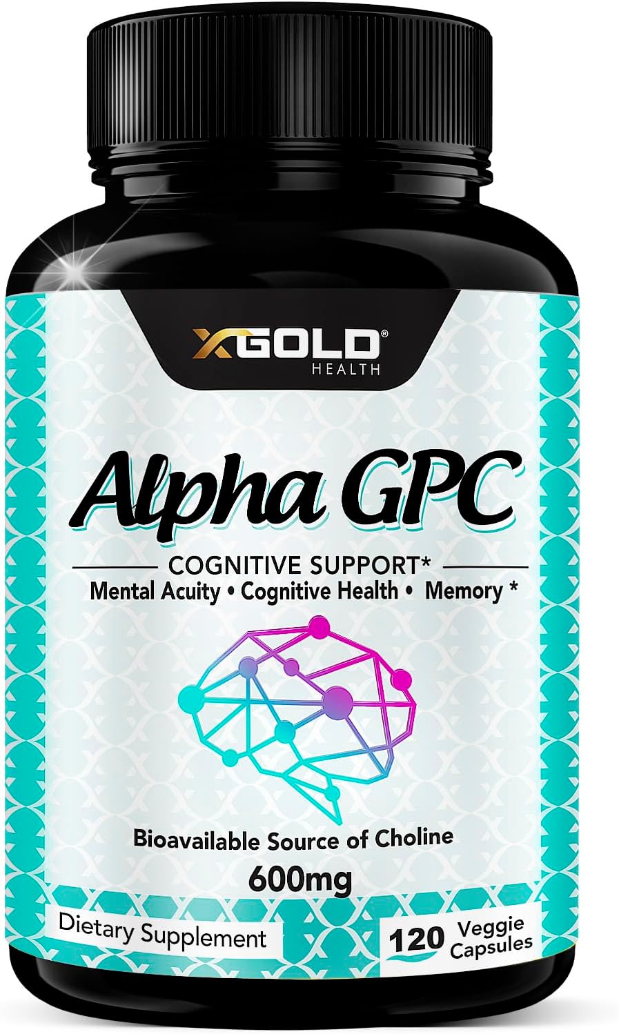 Suplemento de Colina Alpha GPC 600mg, Fuente Altamente Pura y Bioavailable