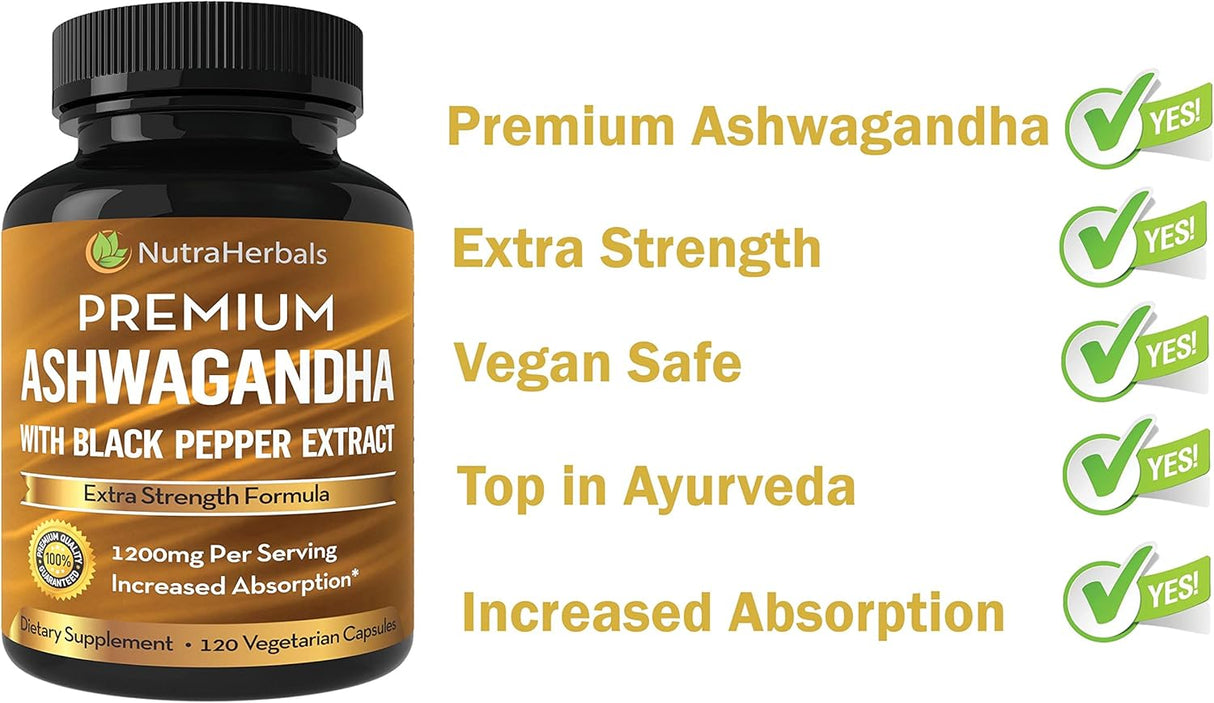 Suplemento de Ashwagandha 1200mg con Pimienta Negra - 120 Caps
