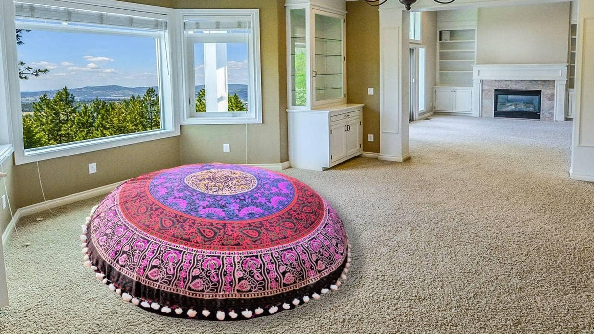 Funda bohemia para cojín, de 32 pulgadas, con diseño de mandala, para meditación, decorativa, otomana, grande, para exteriores, decoración del hogar, decoración de arte en el hogar, redonda, con pompones de algodón, cómoda