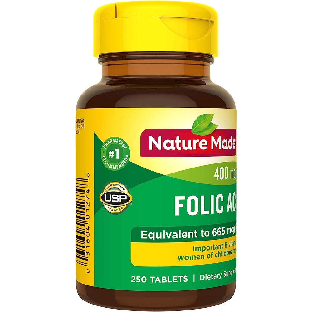 Suplemento Ácido fólico 400 mcg (665 mcg DFE) 250 tabletas