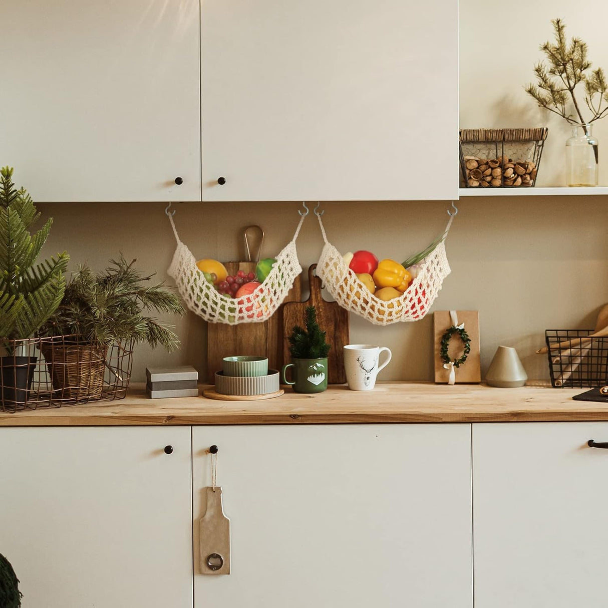 Hamaca de Frutas Macrame, 2 Pcs, 11.8x20 con 4 Ganchos