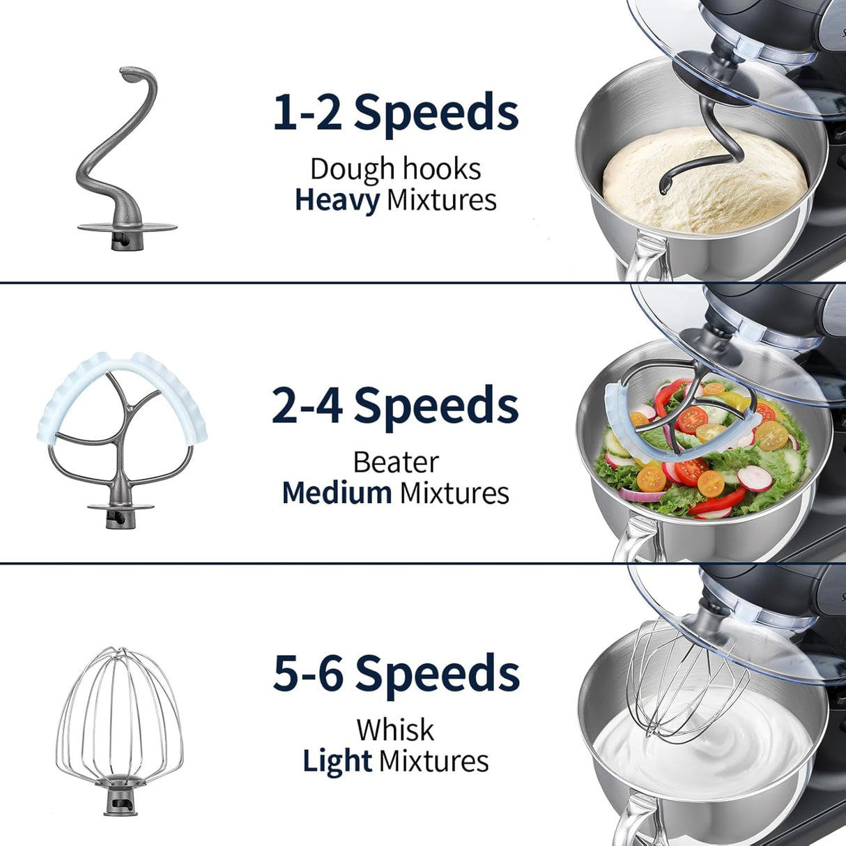 Batidora de Pie 6 QT 600W, Mezcladora 6+P, Acero Inoxidable