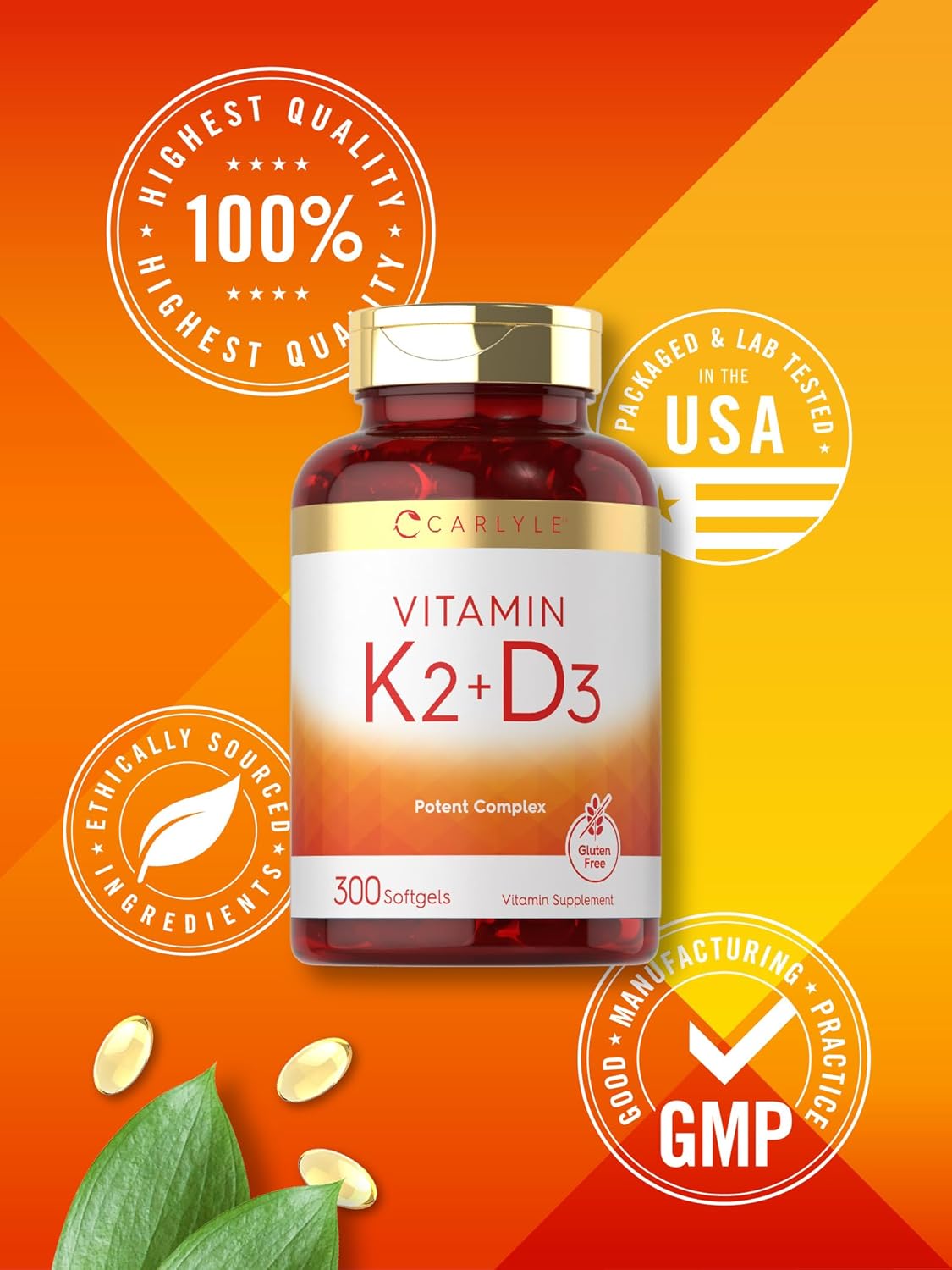 Suplemento de Vitamina K2 y D3 Carlyle, 300 Softgels, 200mcg K2