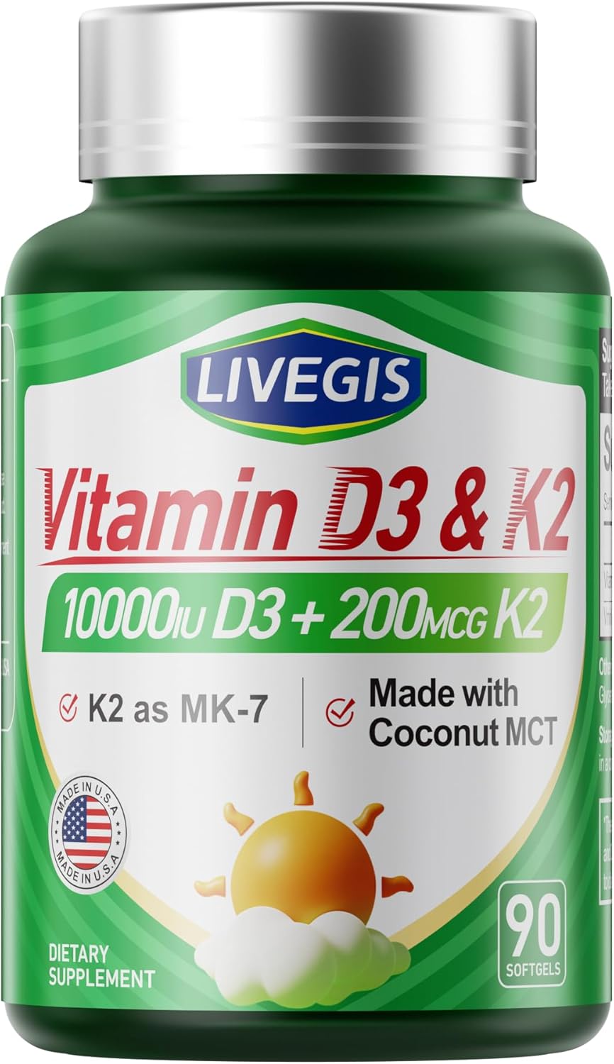 Suplemento Vitamina D3 K2 10000 IU + K2 200 mcg 90 cápsulas