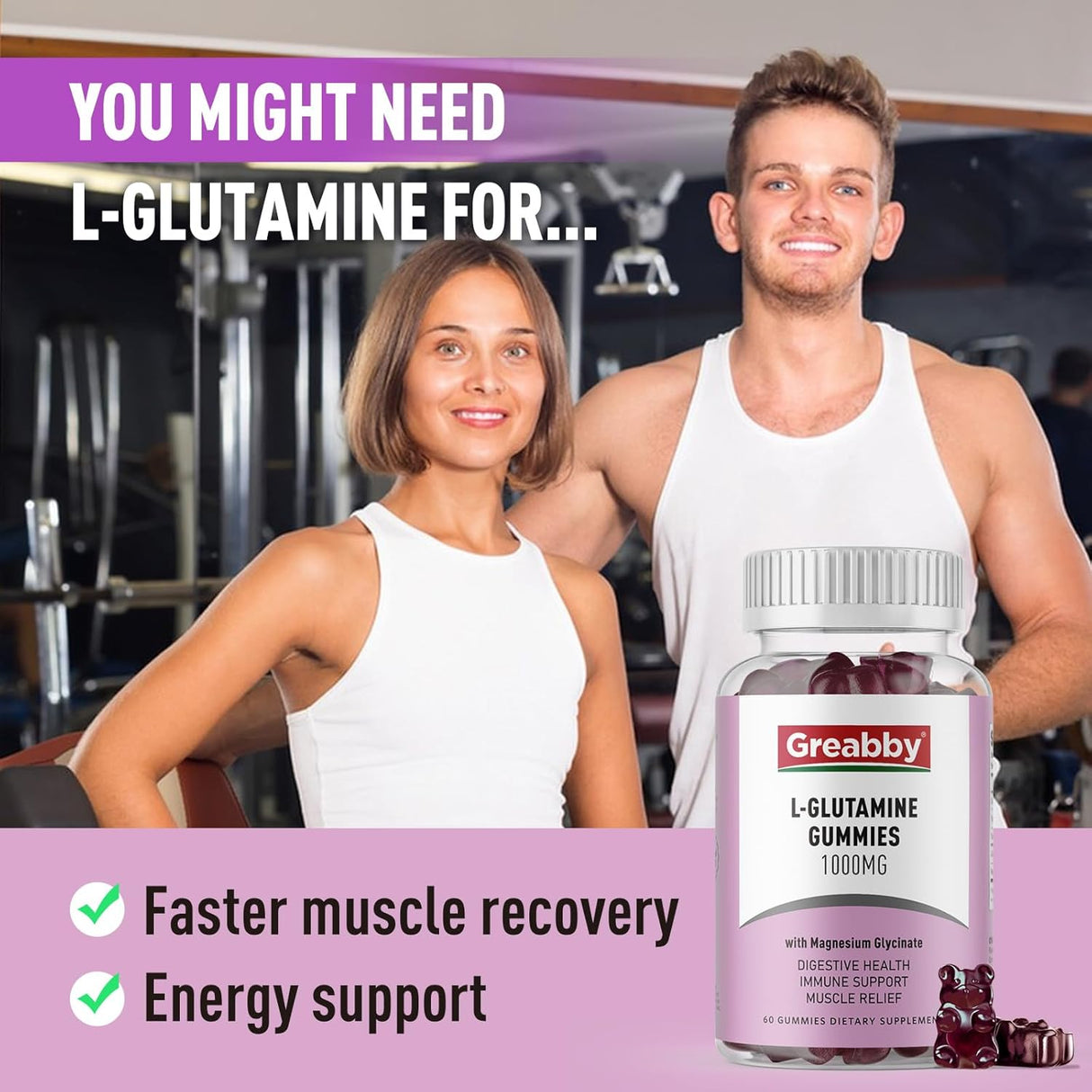 L Glutamina 1000mg Gummies - Apoyo muscular e inmunológico, Vegan, 60u