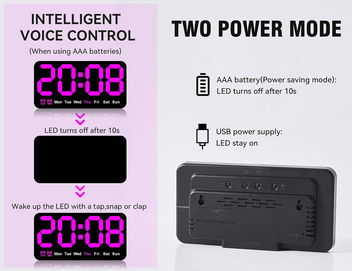 Reloj Digital Grande, Alarma Doble, 3 Niveles de Brillo