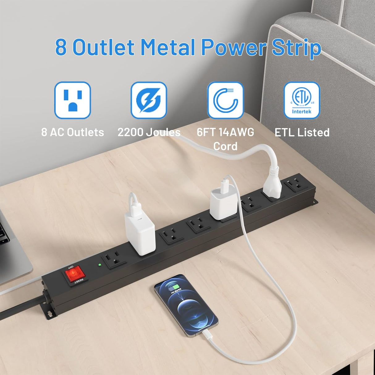 Regleta protectora de sobretensiones resistente de 8 tomas