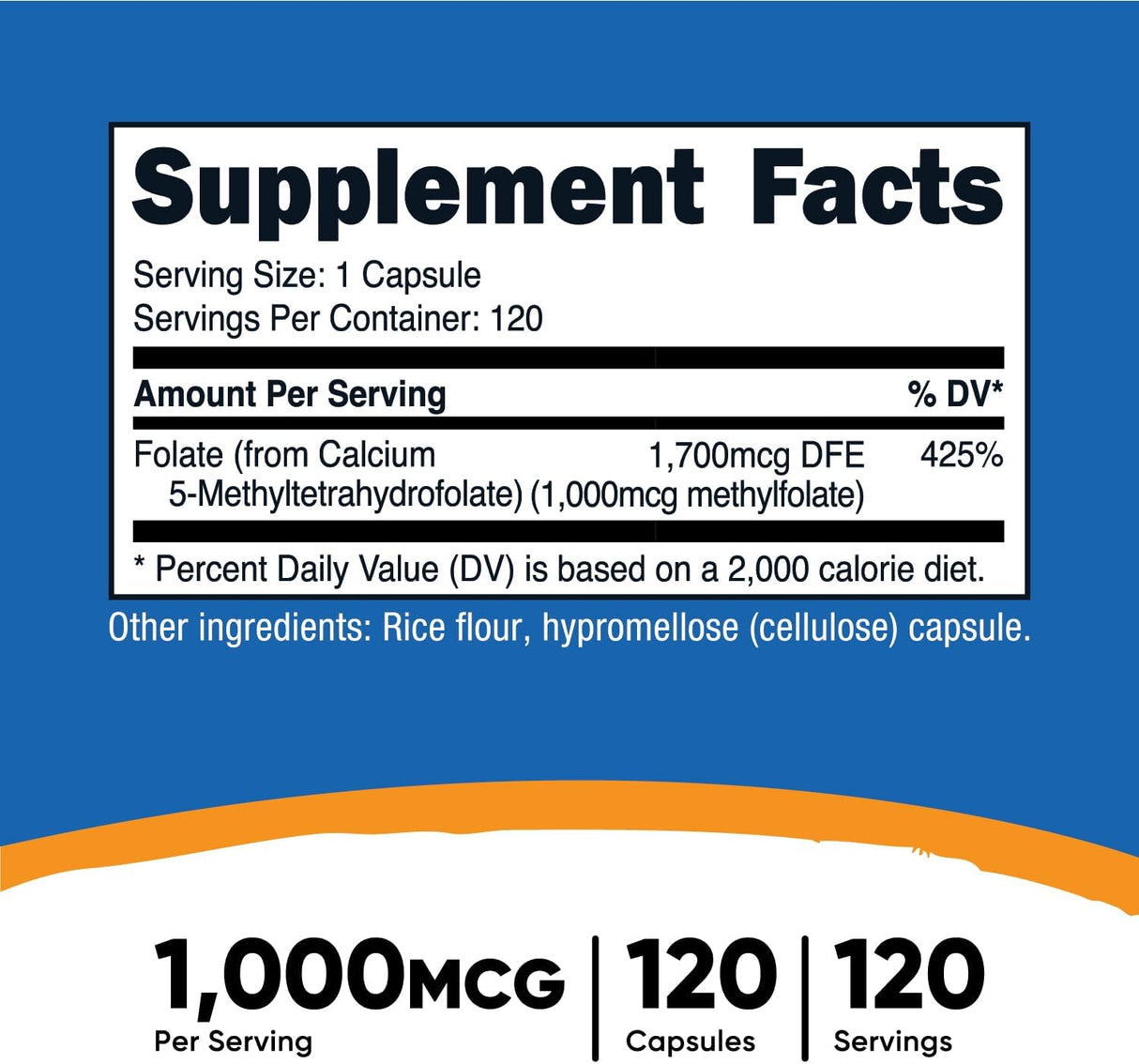Suplemento Nutricost Folato de metilo 1000mcg, 120 cápsulas