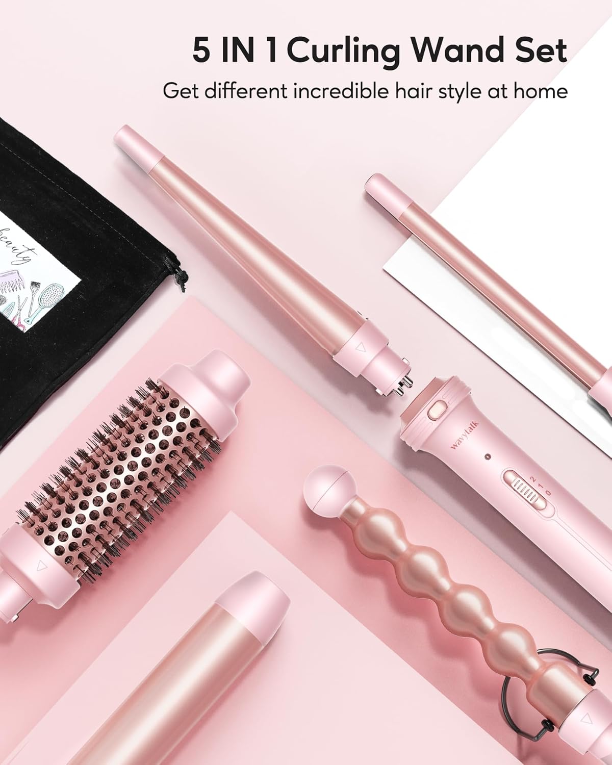 Rizador 5 en 1 juego con cepillo rizador y 4 varitas