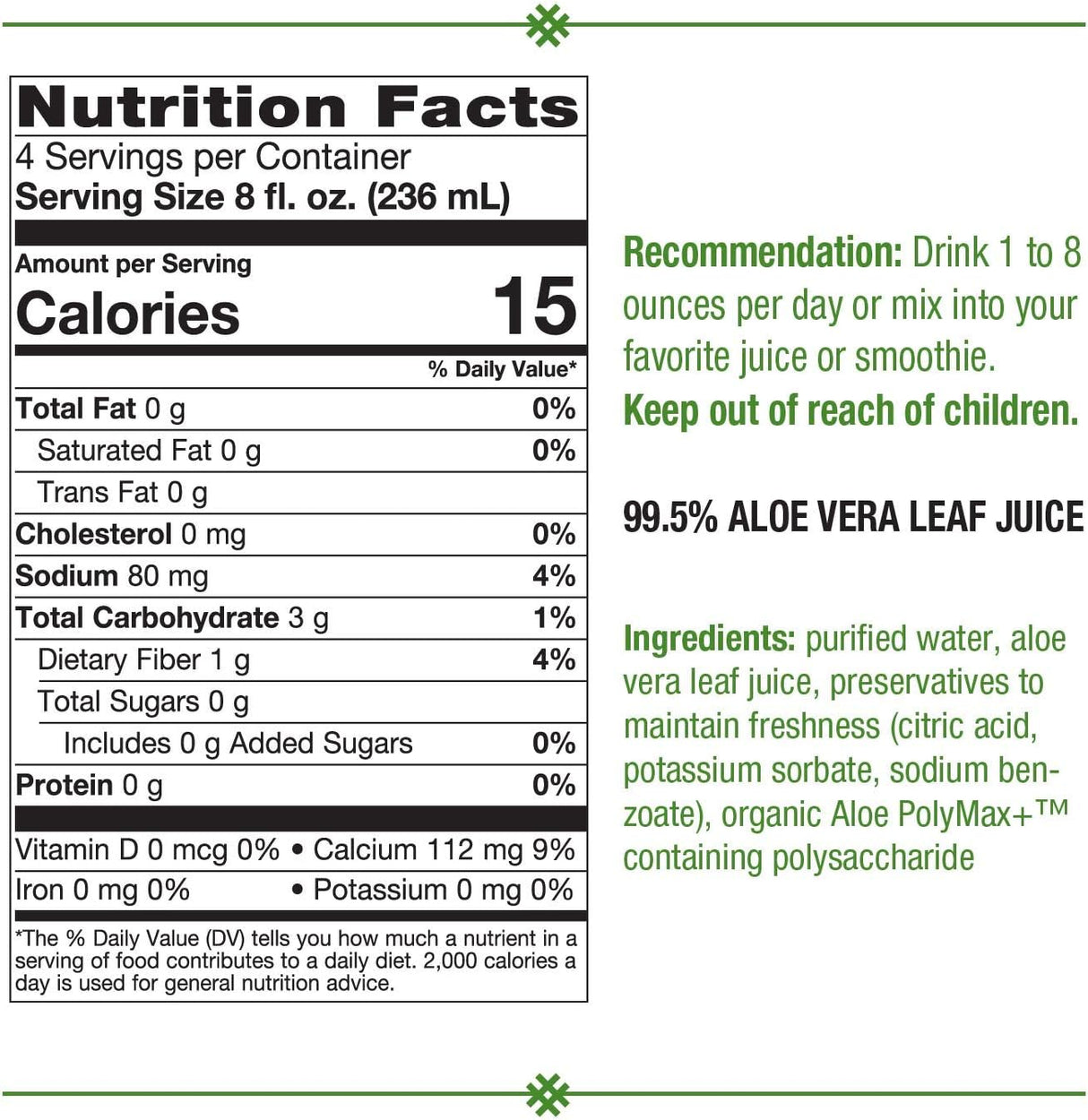 Suplemento Jugo de hoja de aloe vera de alta calidad 33.8 oz