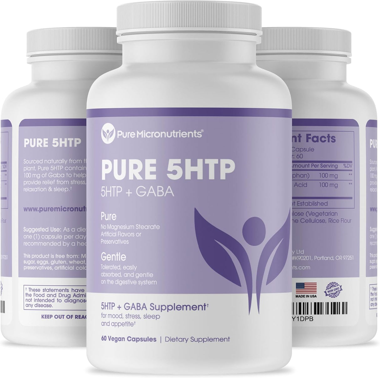 Suplemento Pure 5-HTP (5-hidroxitriptófano) Plus GABA 60un