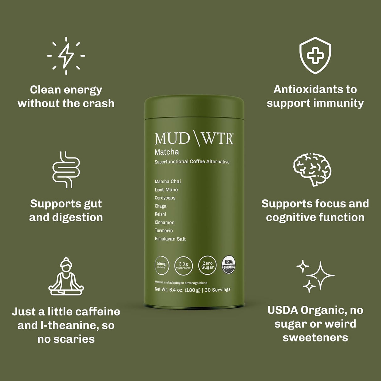 MudWtr Matcha con hongos adaptógenos, 3000mg, 30 porciones