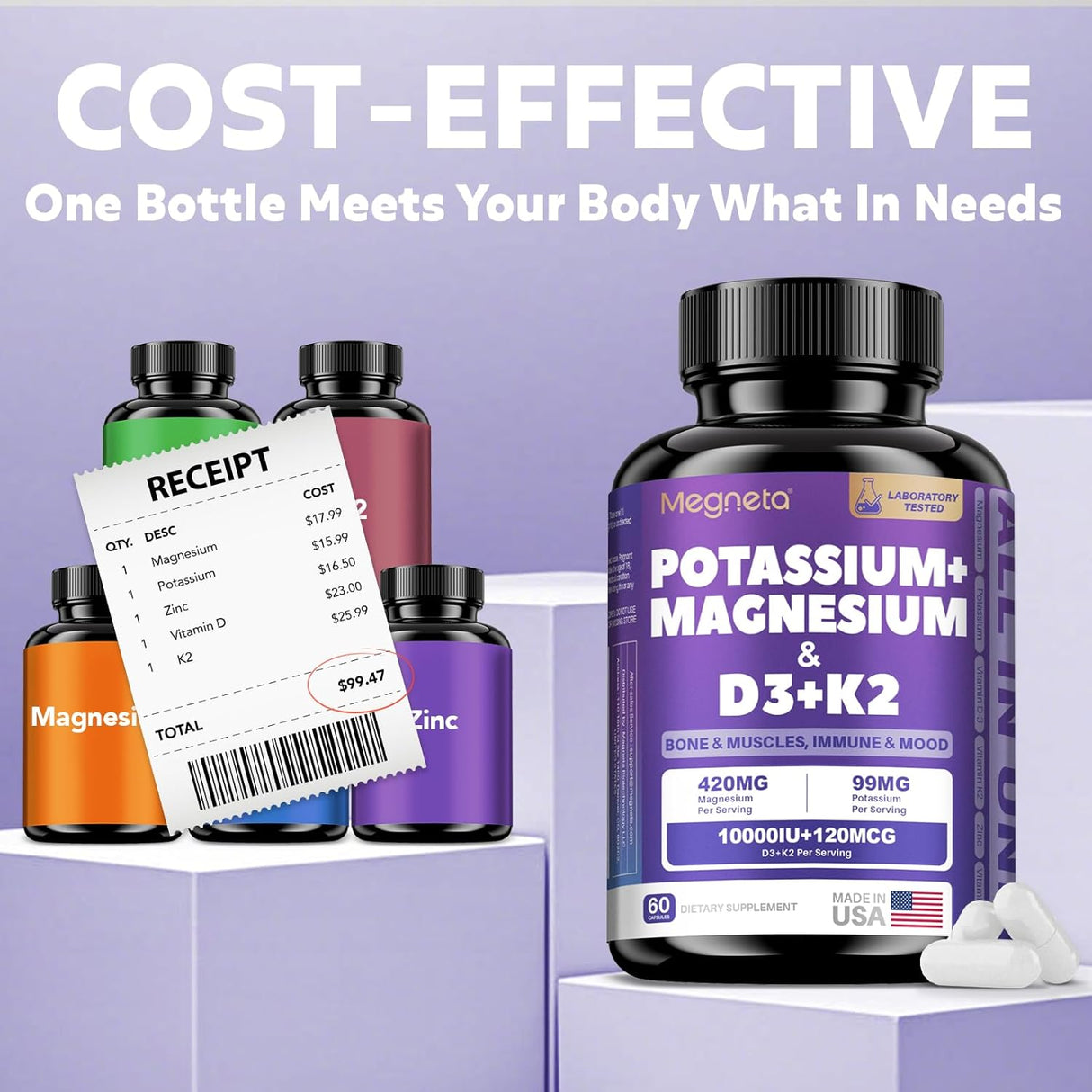 Suplemento Magnesio K2 Vitamina D3 10000IU, 60 cápsulas