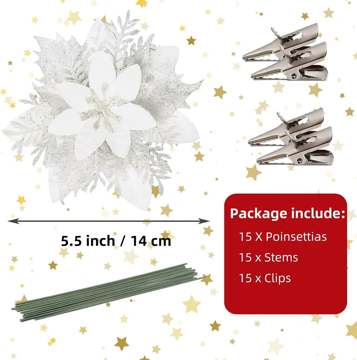 Flores Artificiales Poinsettia, 15 Pcs, Decoraciones Brillantes