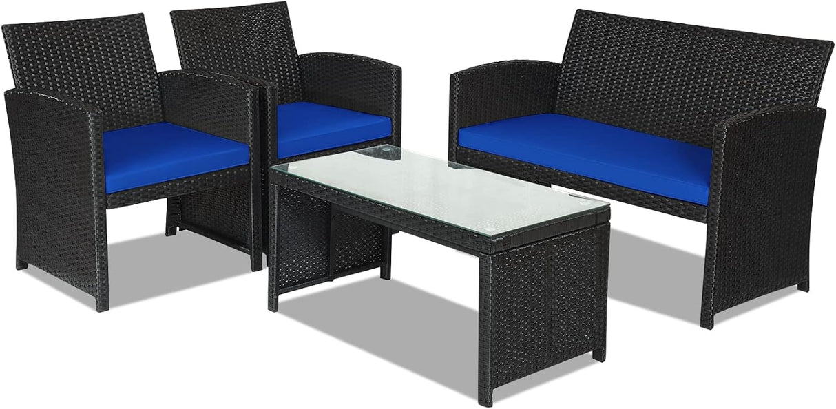 Goplus Juego de muebles de ratán para patio, 4 piezas, sofá y mesa de mimbre para exteriores con cojines suaves y mesa de centro de vidrio templado para balcón, jardín, patio trasero (azul)