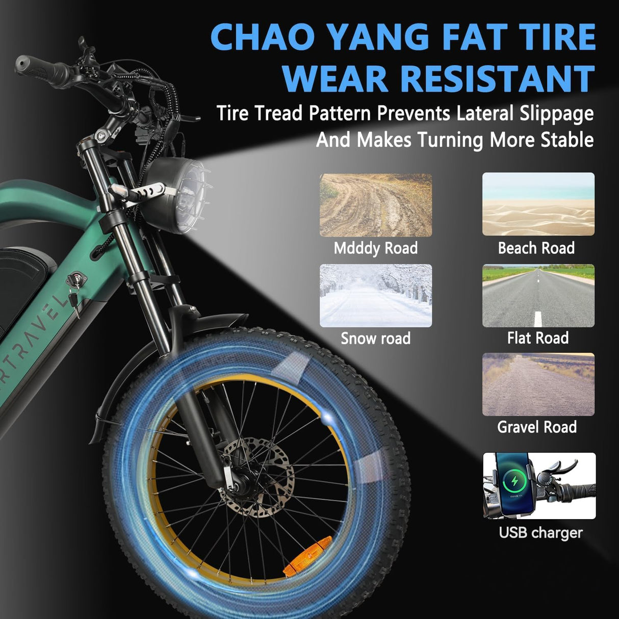 Bicicleta Eléctrica para Adultos, 1200W, 60 millas, 20 Fat Tire